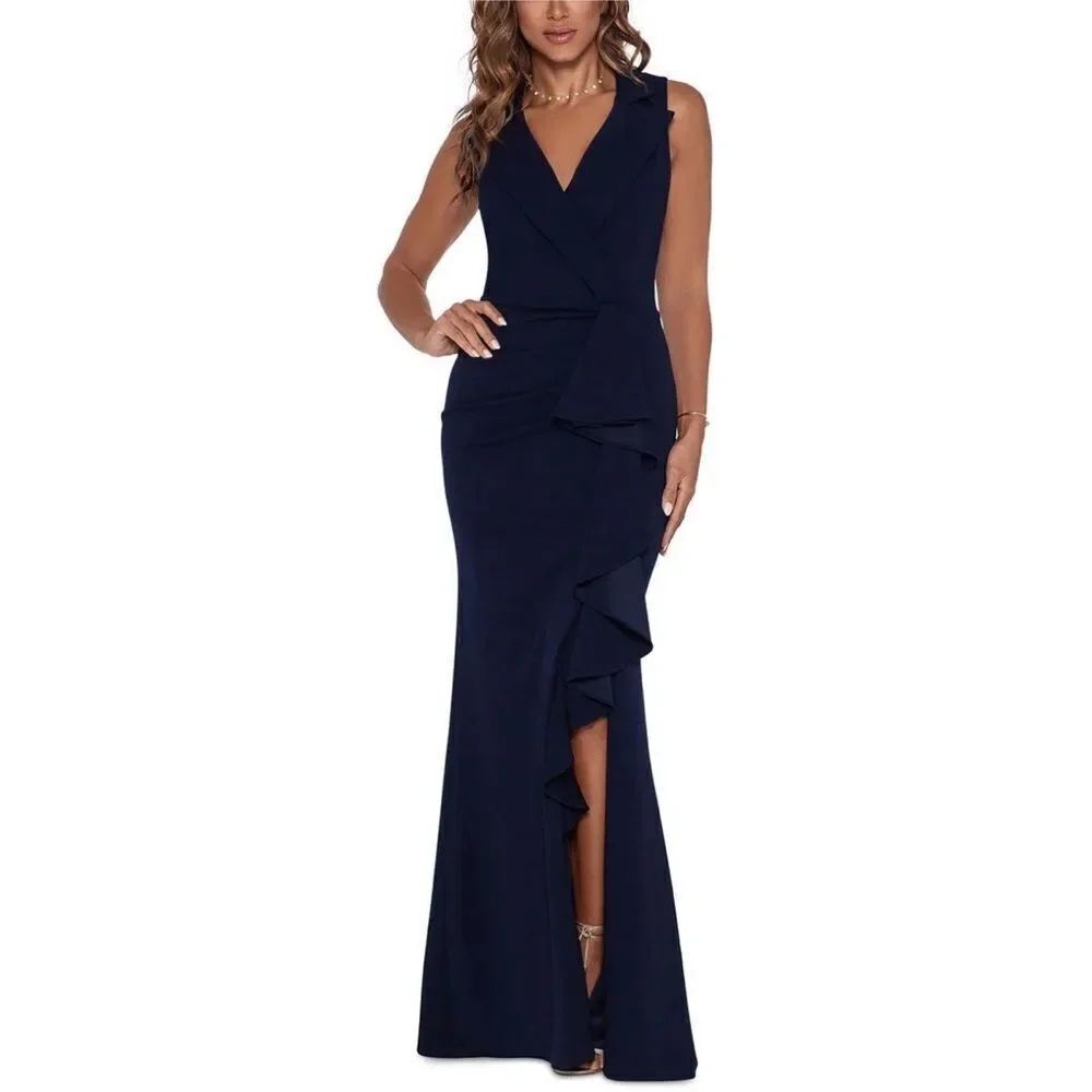Betsy & Adam A24925 V-Neck Cascade
Ruffle High-Low Gown $278